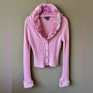 Y2K Pink Shawl-Collar Ribbed Cardigan Sweater by 52 Weekends